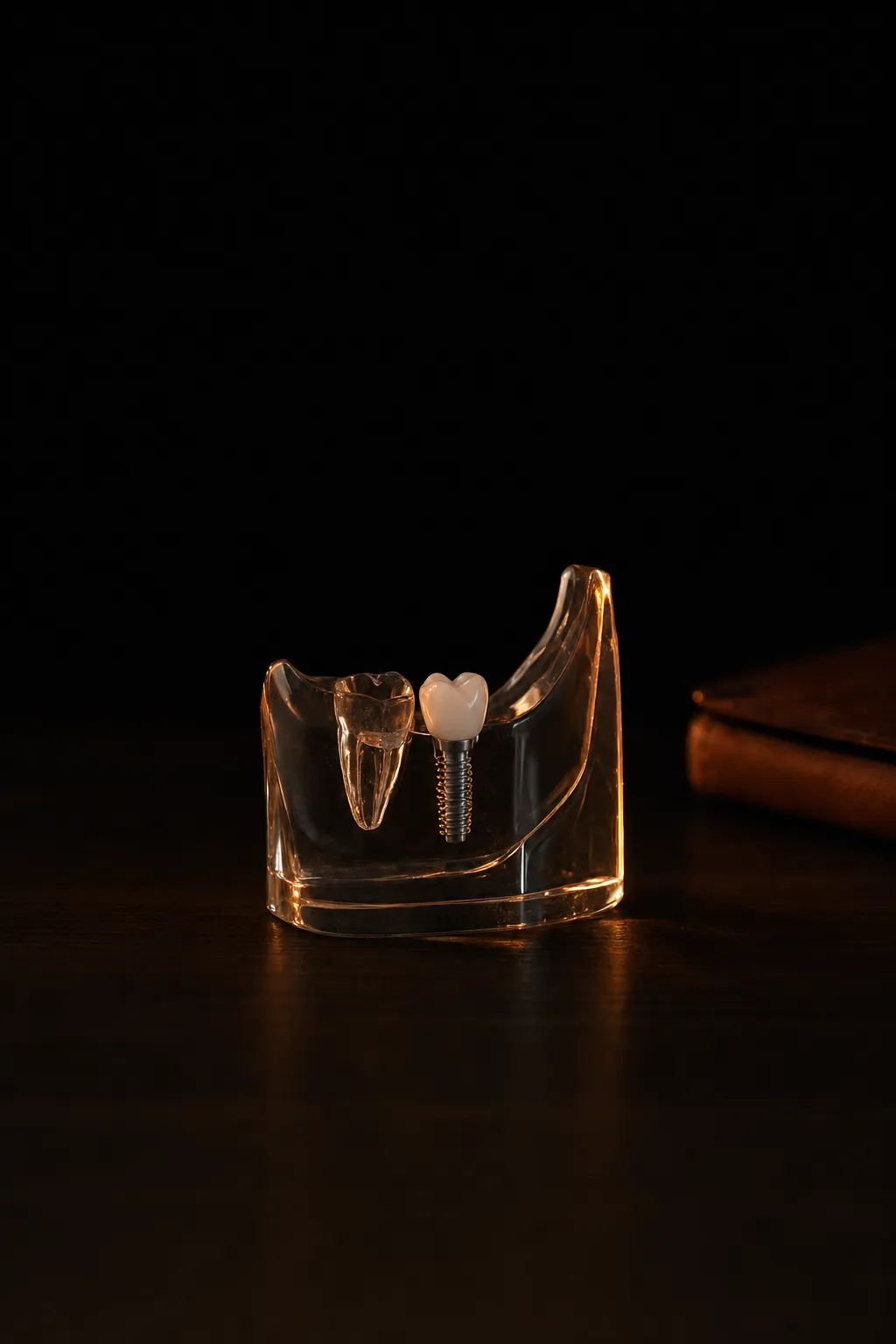 Un modelo de metacrilato con un implante dental, sobre la mesa de la consulta