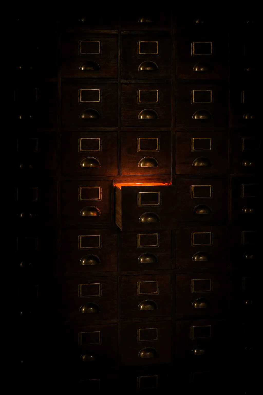 Una cajonera de madera con un solo cajón abierto e iluminado