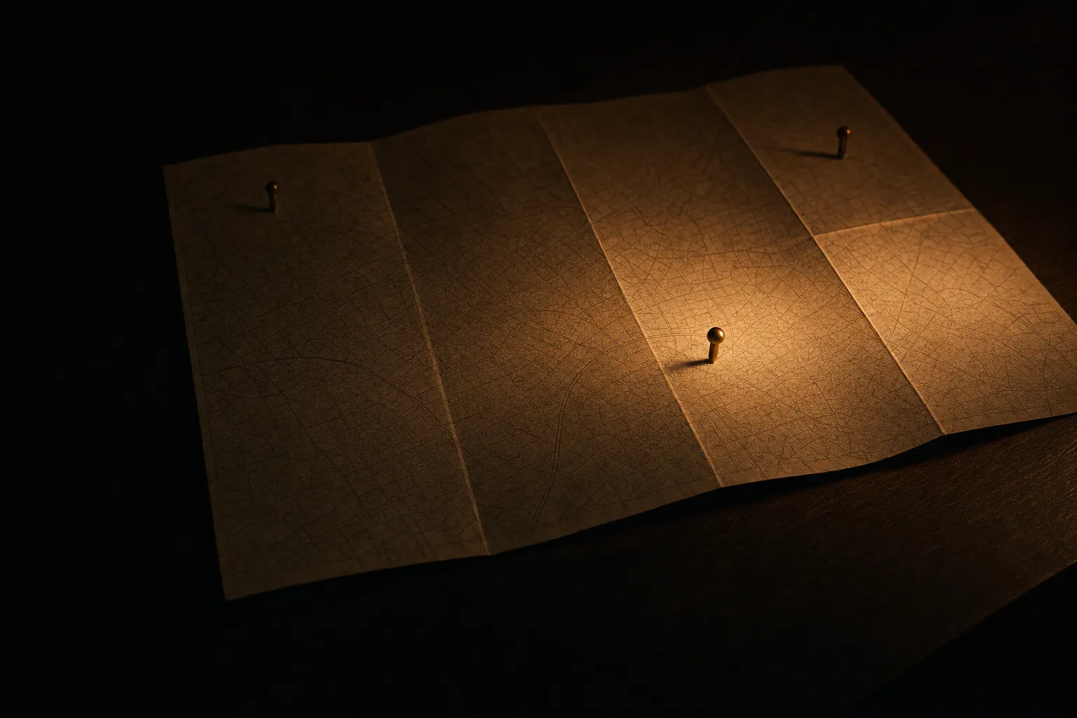 Un plano de papel sobre una mesa, con tres chinchetas en tres barrios distintos